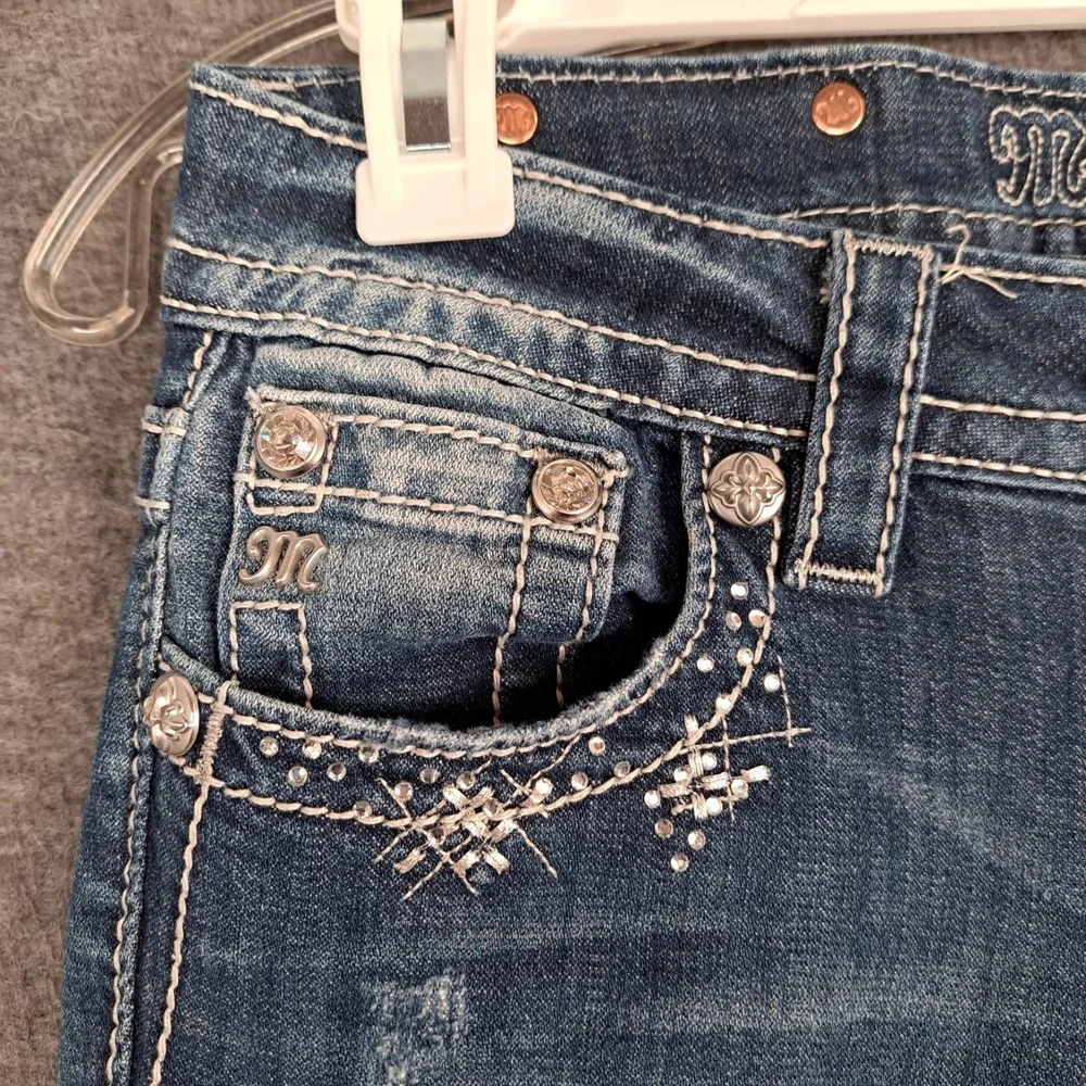Miss Me Signature Cuffed Skinny Crochet Rhinestone Distressed Jeans Women's 25